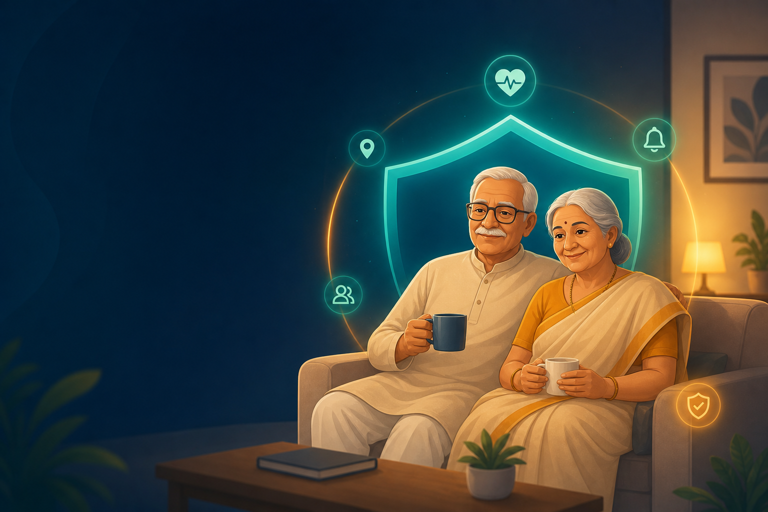 An elderly couple at home, safe and cared for