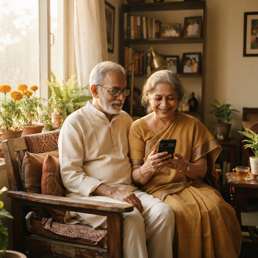 An elderly Indian couple sitting together at home in warm afternoon light, one holding a smartphone