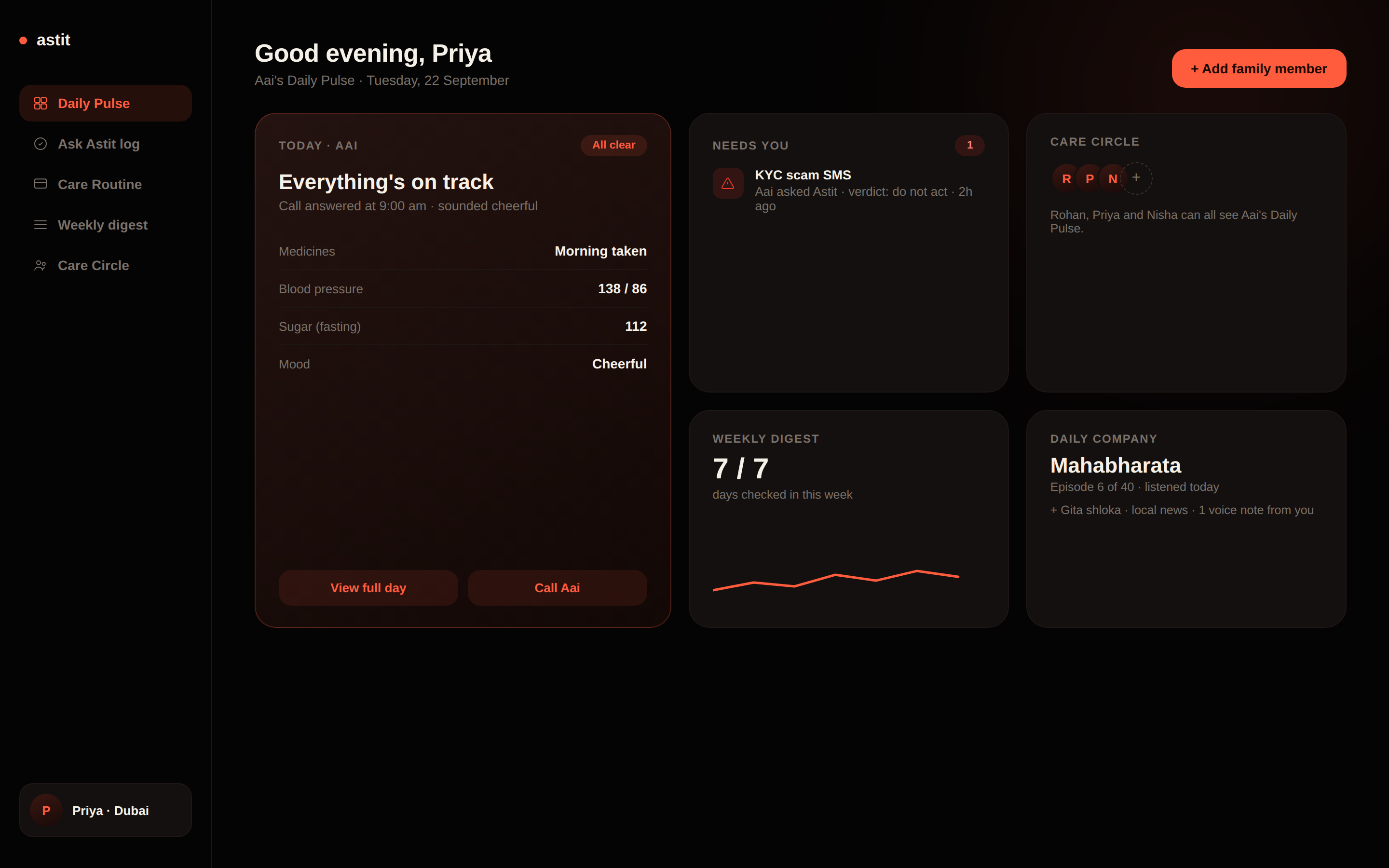 Family dashboard for Aai: daily pulse, care circle, and the day's activity in one view